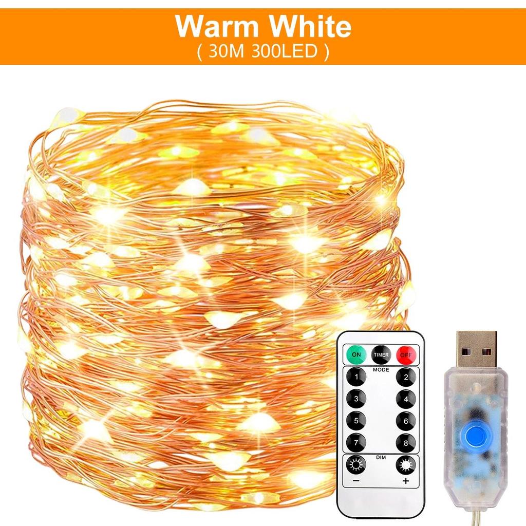 USB 30M 8 Function Copper String Lights LED Fairy Lights Living Room Bedroom Holiday Decoration Lights