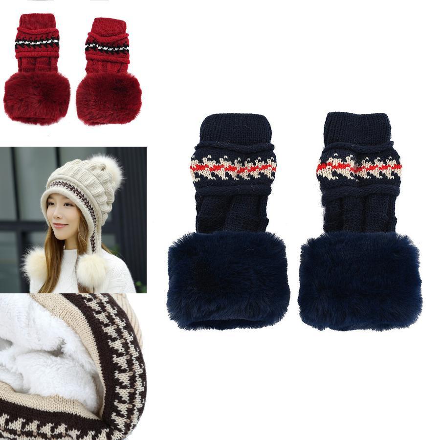 Elegant Fashion Winter Hat Gloves Set For Women With Warm Knit Beanie And Pompoms