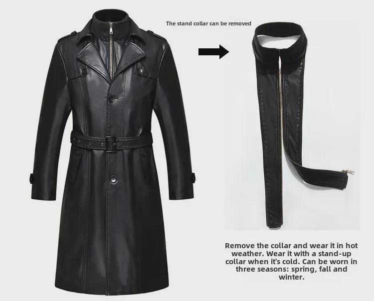 Men's Long Sheepskin Leather Winter Jacket with Velvet Lining, Windbreaker, Soft Leather Suit Collar