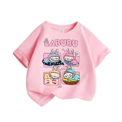 Camiseta Redonda Labubu Infantil Camiseta para Meninas Moda Casual Versátil Fofa Padrão Estilo Artístico Roupa