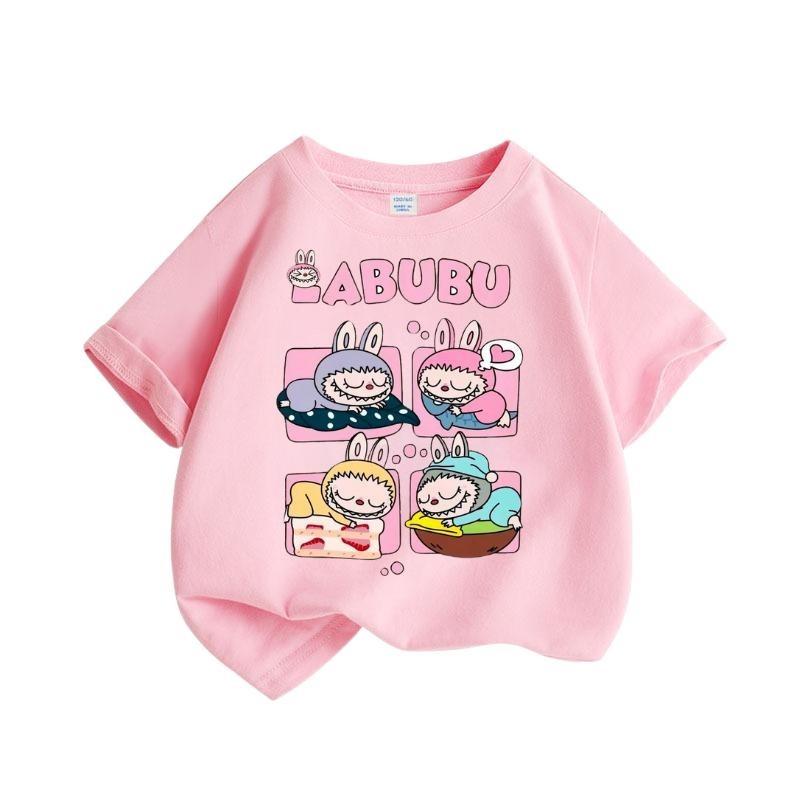 Labubu Children's Round Neck T-shirt Girls' T-shirt Casual Fashion Versatile Cute Art Style Pattern Clothing