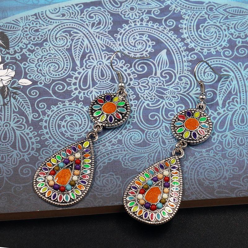 Vintage Bohemian Drop Dangle Earrings For Women Long Crystal Flower Hollow Geometric Enamel Ethnic Boho Wedding Earrings Jewelry
