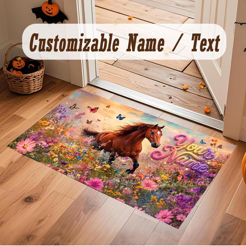 Horse Theme Soft Crystal Velvet Rug Custom Name & Text Print Non Slip Floor Rug for Bedroom Living Room