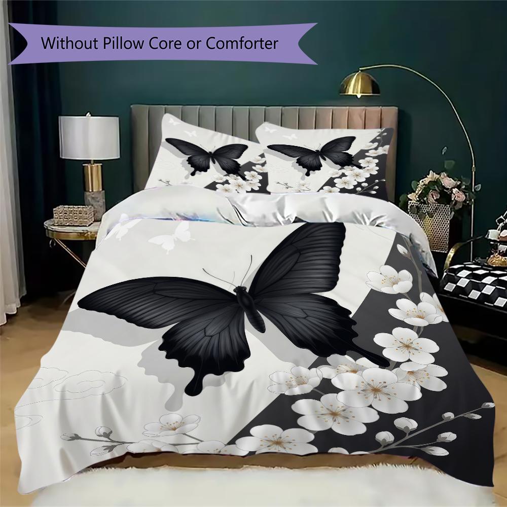 Black Butterfly Pattern Bedding Uilt Set Uilt Cover Pillowcase Home Decoration Birthday Gift (1 * Duvet Cover + 2 * Pillowcase Without Core)