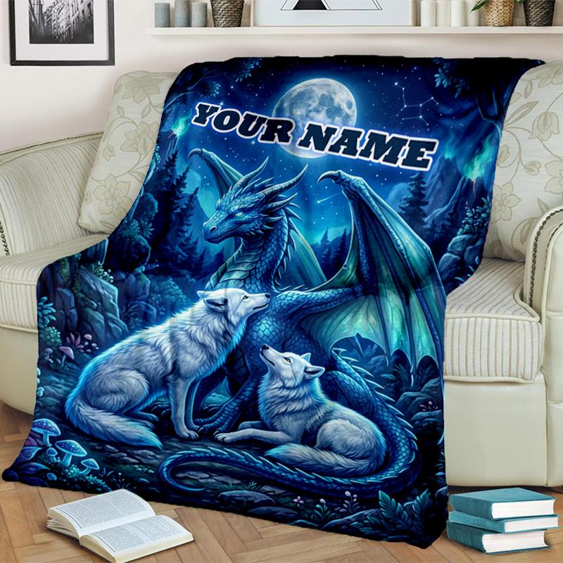 1PC Custom Name "Dragon Wolves Moonlit Forest" blanket versatile,all-season throw suitable for the living room,bedroom,camping,travel,and gift