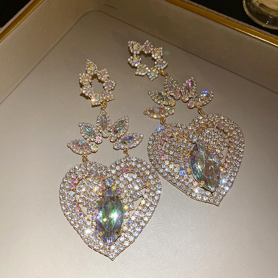 Flower Heart Crystal Inlaid Earrings Retro Fashion Jewelry