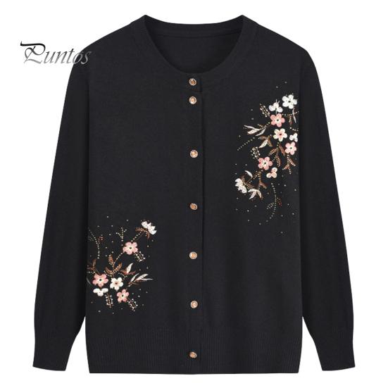 

Осень-весна, вязаное пальто для мам с цветочной вышивкой, однобортное, с круглым вырезом, свободный кардиган с длинными рукавами, эластичный трикотажный свитер, куртка чёрный