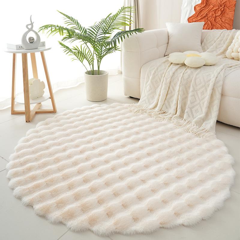 Cream Round Rabbit Fur Plush Rug - Bedroom Bedside or Living Room Mat, Bubble Velvet Single Sofa Cushion 30cm Diameter