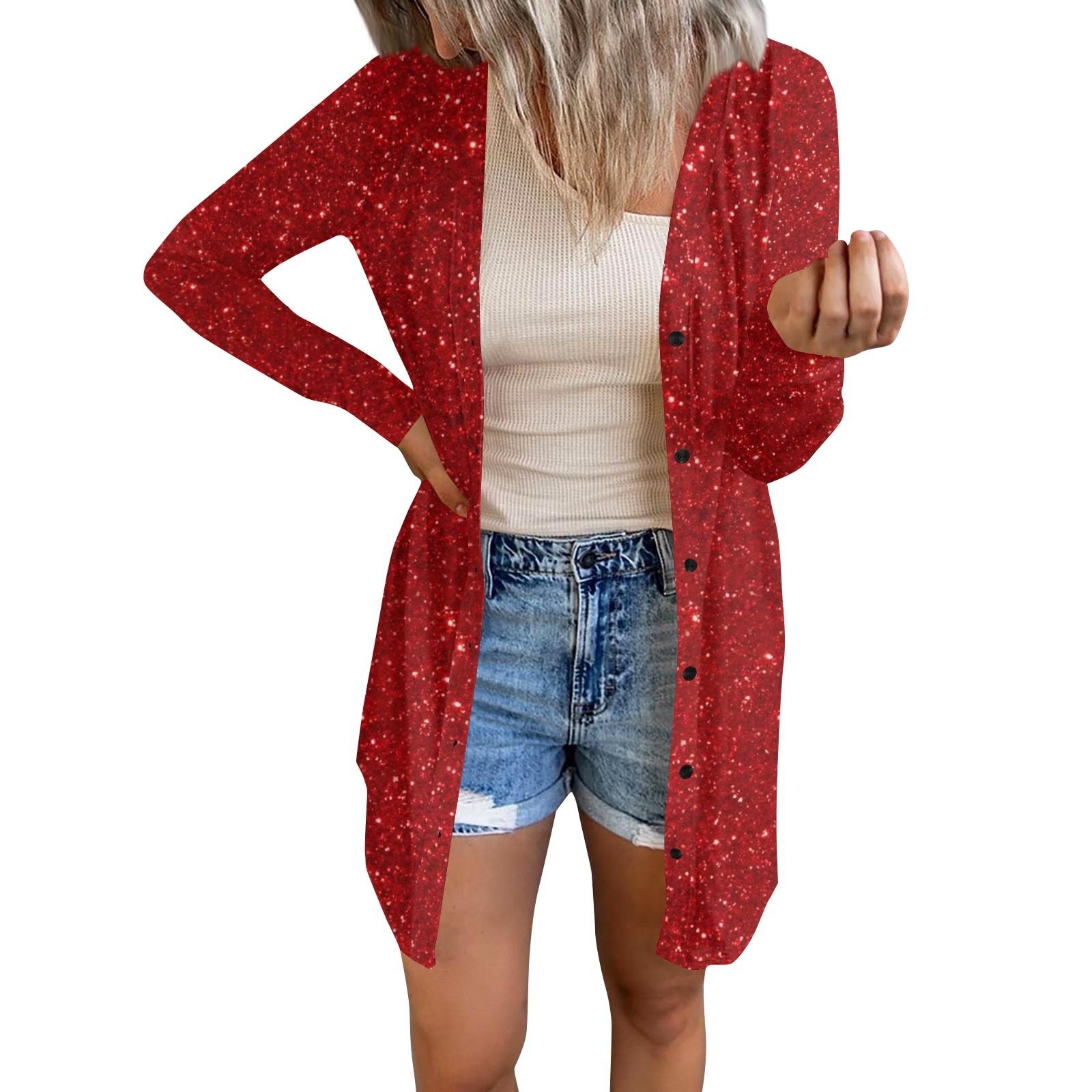 

Длинный рукав Женский ретро принтованный топ Легкий базовый свободный жакет Кардиган Повседневные рубашки Рождество M красный