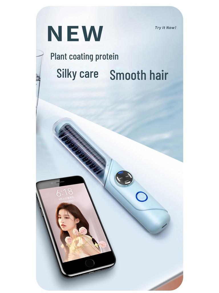Tragbarer Mini-Akku-Haarglätter & Heißluftkamm für voluminöses glattes Haar