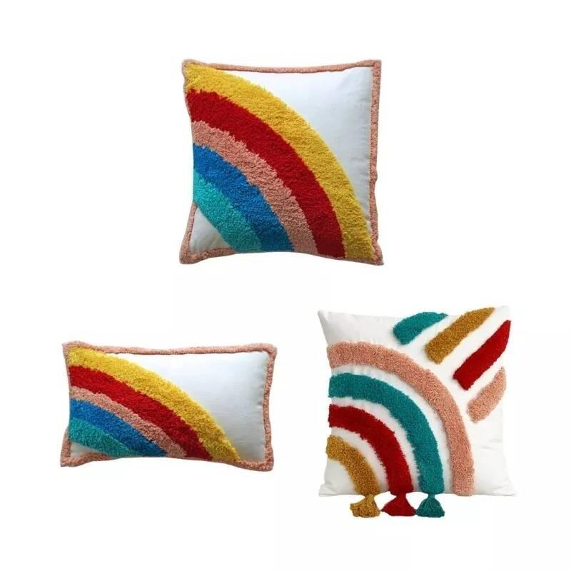 Bohemian Style Rainbow Pillow Cover Soft Cotton Linen With Tassels And Embroidery