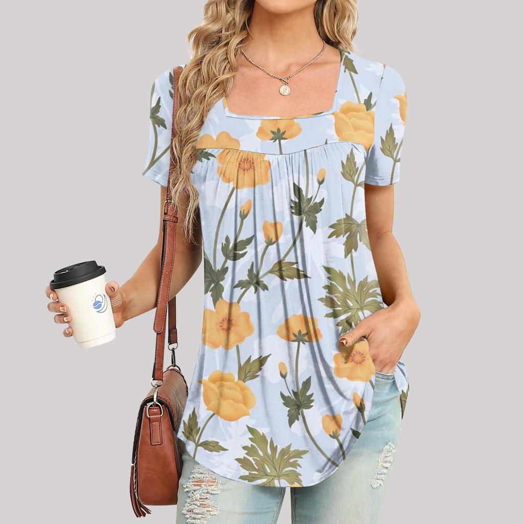 Womens Summer Tops Short Sleeve Blouses Casual Tunic Shirts Square Neck Printing  Tops