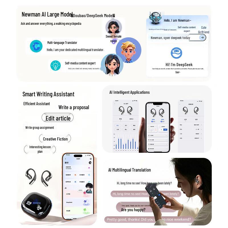 Newmine CT15 Bluetooth-Headset mit Ohrbügel, KI-Übersetzung und ENC-Geräuschunterdrückung