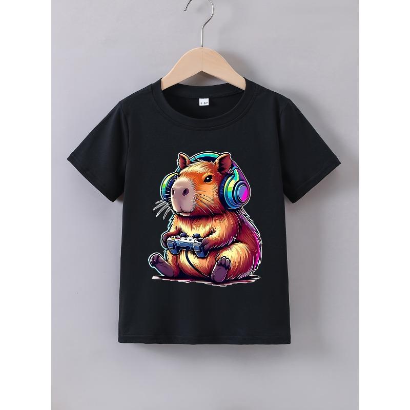 

European sizes Boys Summer Short-Sleeve T-Shirt with a Gaming Capybara Print 164cm чорний