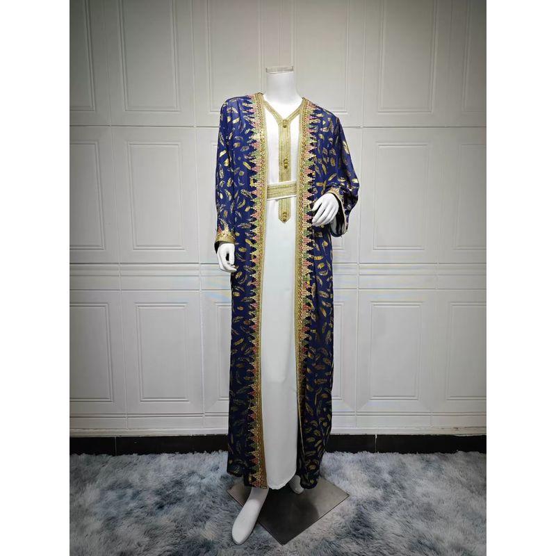 

New Middle East Robe Chiffon Bronzing One-piece Dress set Chiffon Hot Stamping Dress Set Tibetan Blue 2XL