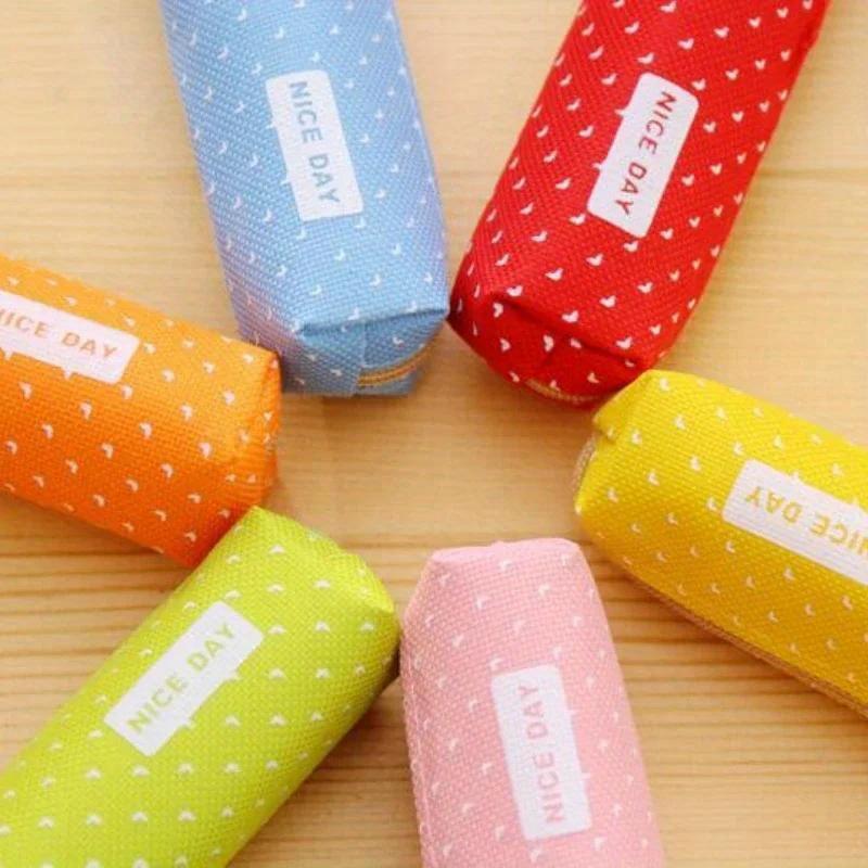 1 Pcs Cute Candy Color Pencil Dot Canvas Pen Bag Stationery Pouch For Girls Gift Office School Supplies