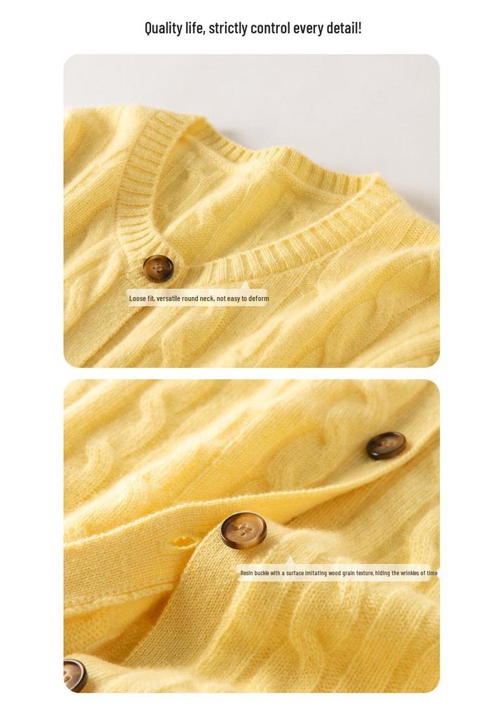 Round Neck Twisted Pattern Cashmere Cardigan for Women - Autumn/Winter Long-Sleeve Versatile Warm Sweater