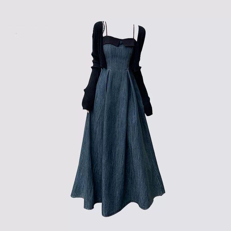 Spring & Autumn Color Block Denim Strappy Slim-Fit Long Dress