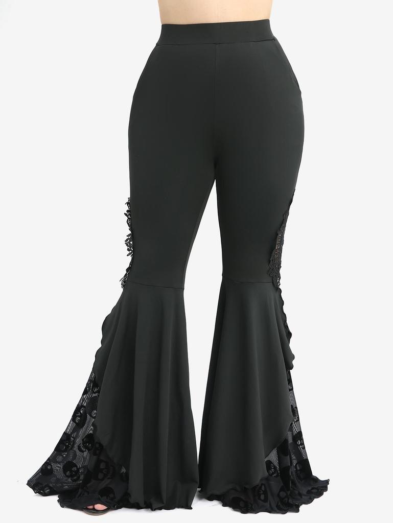 Rosegal Plus Size Skull Mesh Flocking Ruffles Floral Applique Pocket Flare Pants