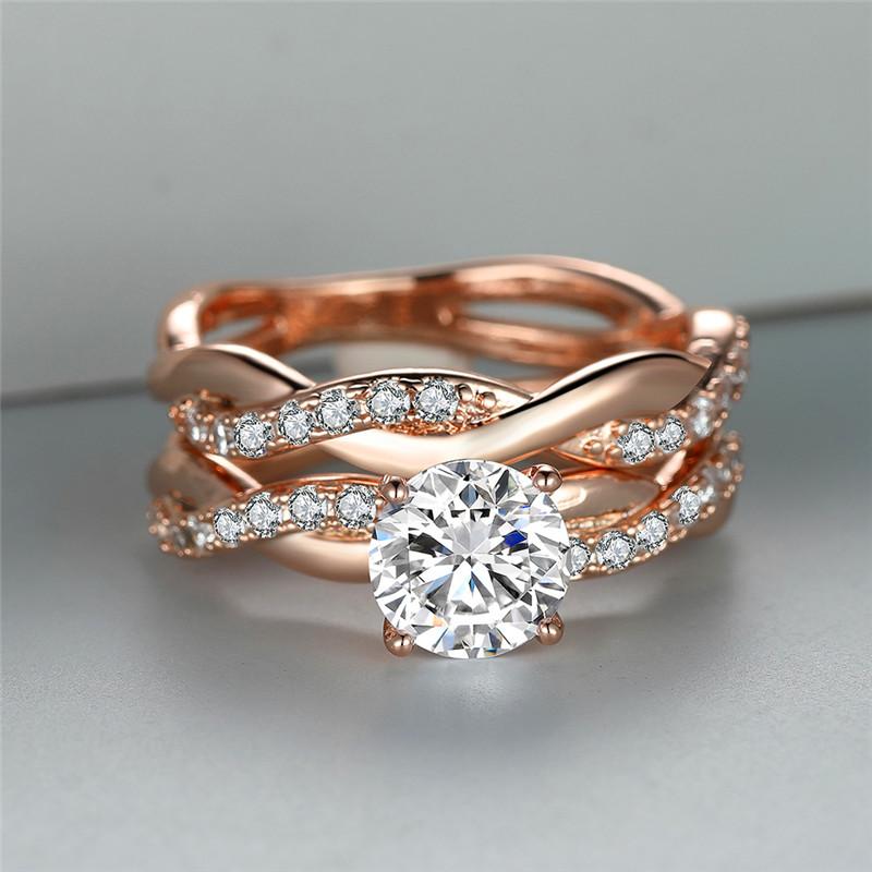 Female Crystal White Round Zircon Stone Engagement Ring Set Luxury Yellow Gold Color Wedding Jewelry For Women