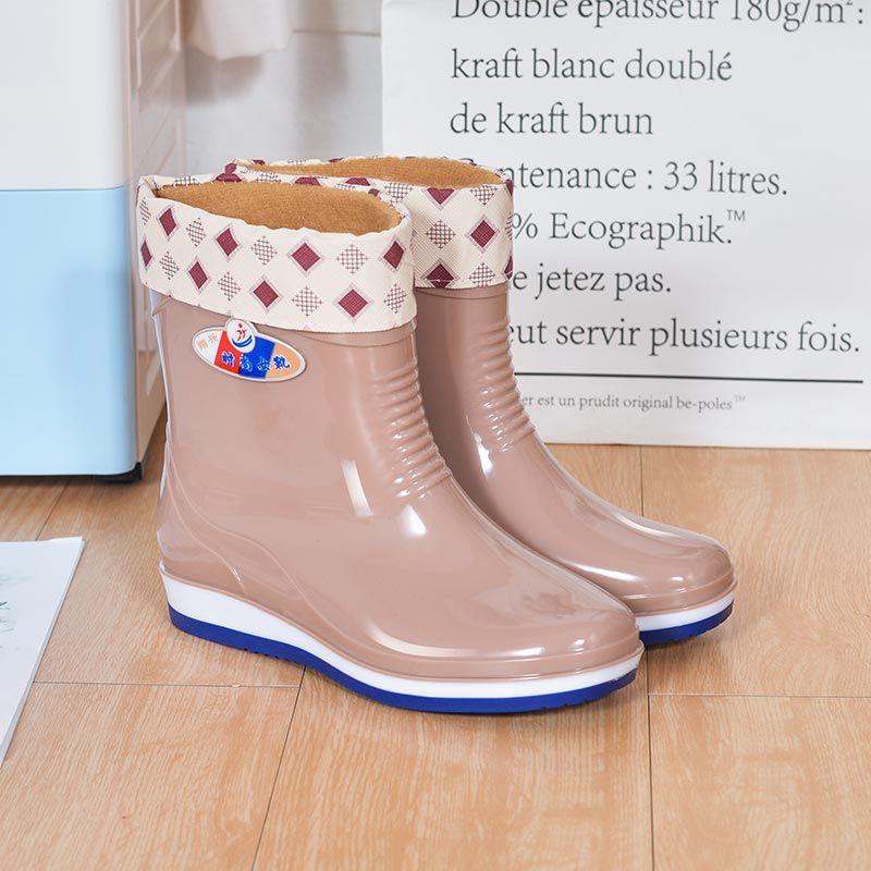 Rain shoes women's anti-skid shoes women's medium tube fleece rain boots short rain shoes kitchen work shoes non-slip shoes rubber shoes women