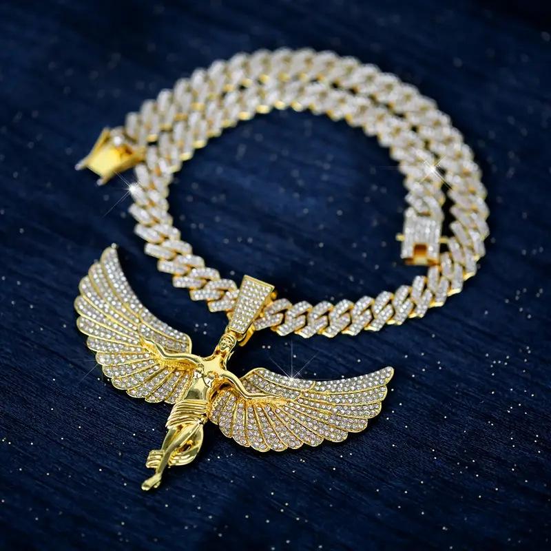 Collier avec Grand Pendentif Ailes d'Ange en Alliage de Zinc Incrusté de Zircon pour Hommes et Femmes, Bijou Simple Cadeau Style Hip-Hop Personnalité Luxe Léger