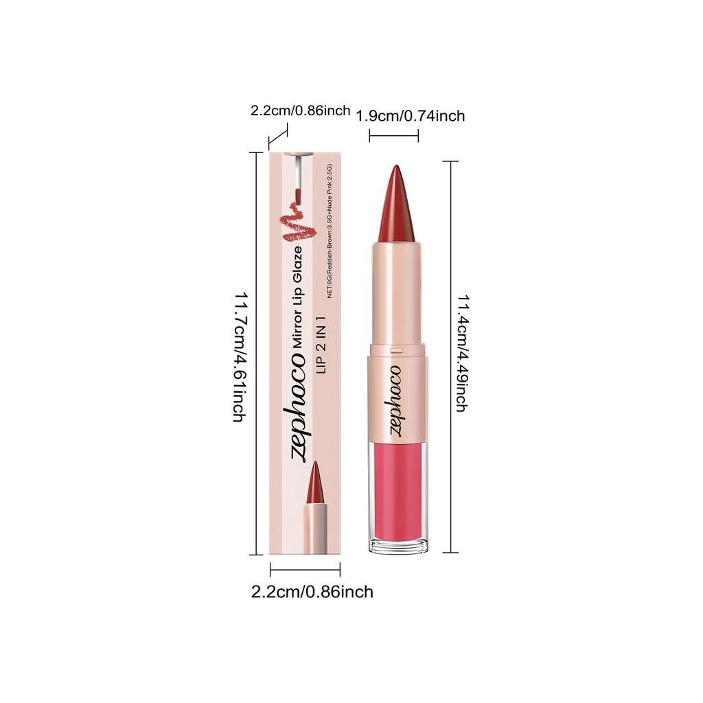 Zephoco Zweifarbiger Spiegel-Lipgloss - Feuchtigkeitsspendend, Seidiges Rotbraun & Nude-Rosa