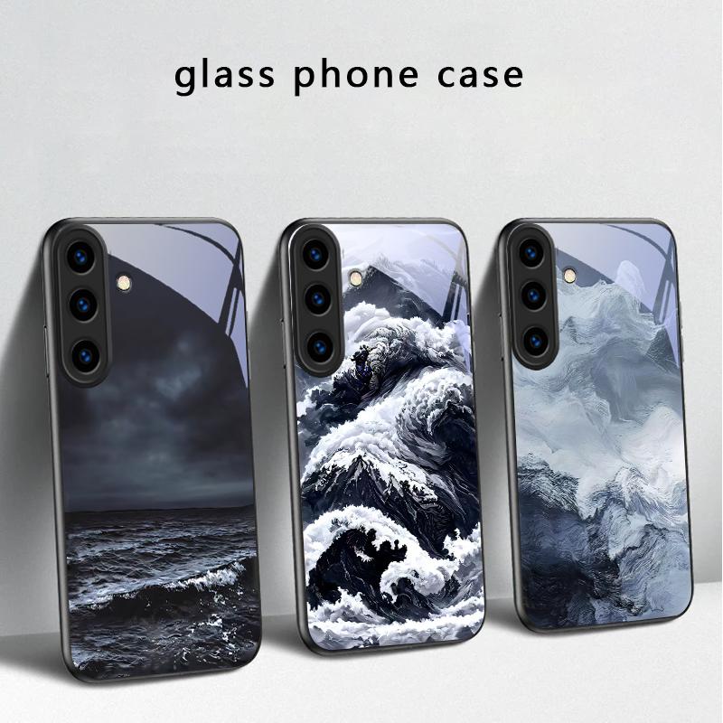 Abstrakte Moderne Wellen Für Samsung Galaxy S20 S21 S22 S23 Plus S24 FE S25 Ultra S26 Edge S25+ 20+ 22+ 24+ Schwarze Glas-Handyhülle