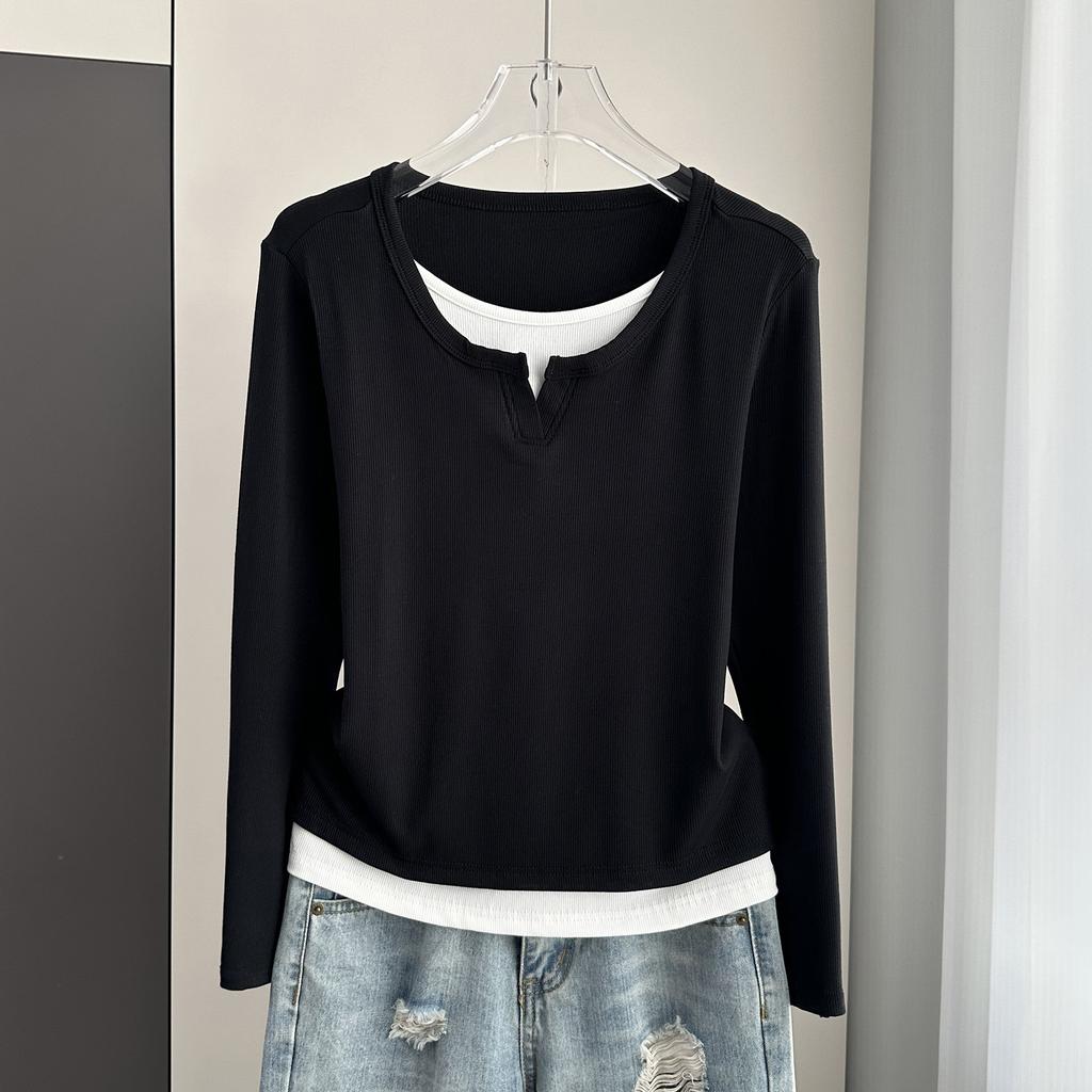 Maglietta a Maniche Lunghe Standard Spalla Finto Due Pezzi Taglie Forti Base Sottile Elastica Strato Base Morbido Tessuto a Costine Ottima per Indossare da Sola o Sotto Top