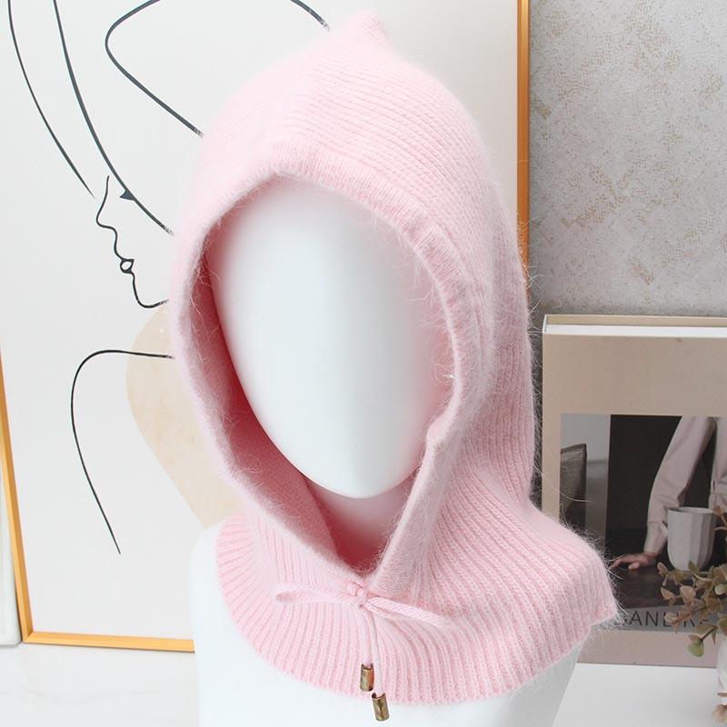 Rabbit Fur Knitted Balaclava Hat Women's Winter Integrated Neck Guard Hat Drawstring Warm Hooded Scarf European and American Cold Hat