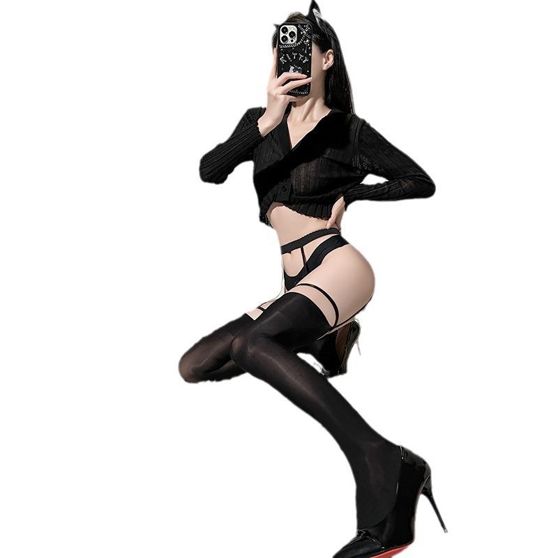Sex stockings female sexy bundled suspenders integrated socks knee socks oily black silk thin stockings