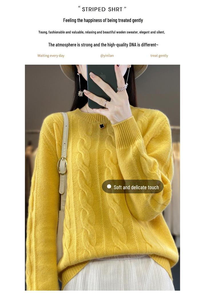 2023 Women's Wool Cable Knit Sweater: Loose, Warm, Round Neck, Slimming Fit for Autumn/Winter