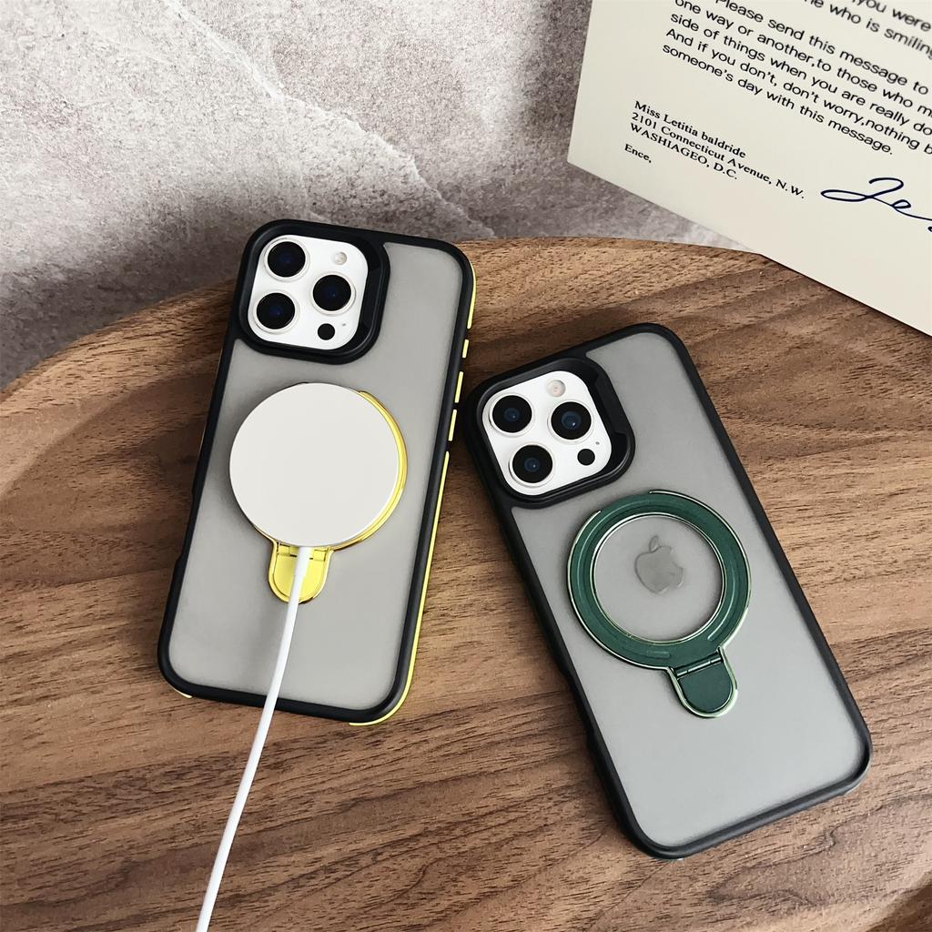 For iPhone 16 Pro Magnetic Case with Kickstand Dual-Color TPU+Acrylic Phone Back Cover