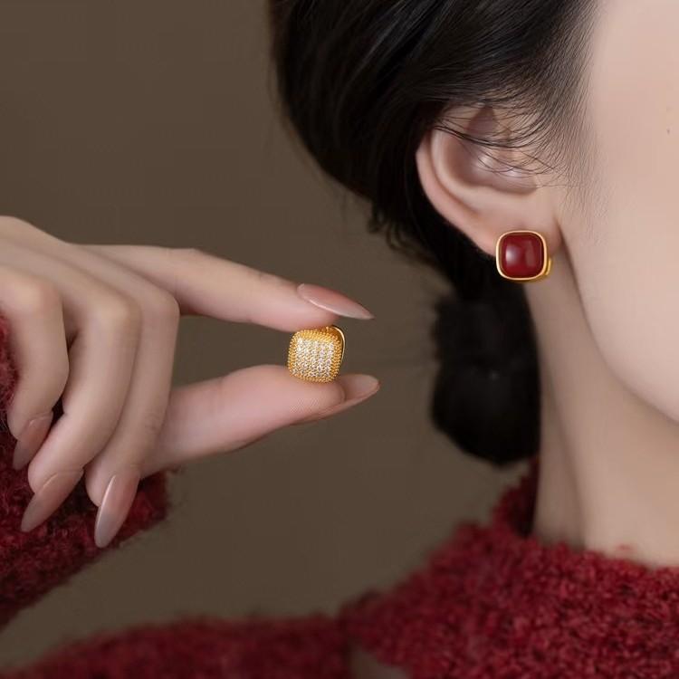 Red Bean Micro-Inlaid Zircon Double-Sided Stud Earrings, Autumn And Winter Cinnabar Red Temperament Personalized Earrings