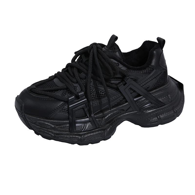 

Fleece women s new mesh lace-up round head thick-soled non-slip casual shoes versatile height-increasing sports shoes 35