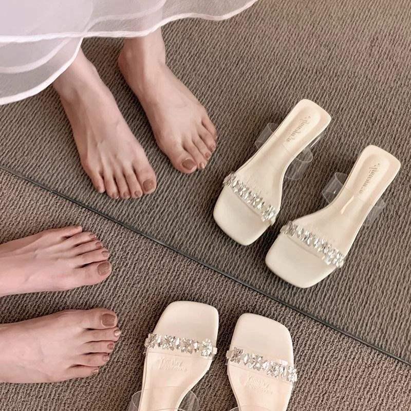 2025 Summer Crystal Rhinestone Dress Slippers - Temperament Fairy Style with Chunky Heels and Transparent Outer