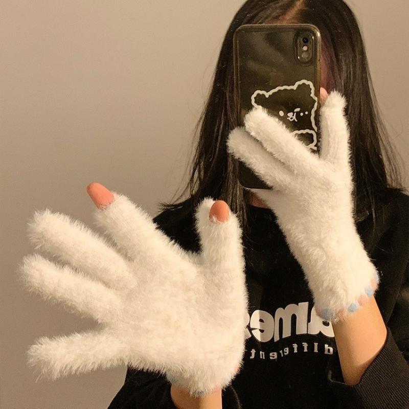 Cute Open Finger Touch Screen Plush Five Finger Gloves For Women In Winter, Warm And Thick Velvet For Cycling Students