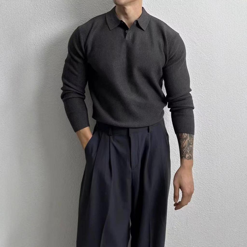 Maglione Polo a Maglia Premium da Uomo - Stile Coreano, Delicato sulla Pelle, Versatile, Vestibilità Larga, Look Maturo
