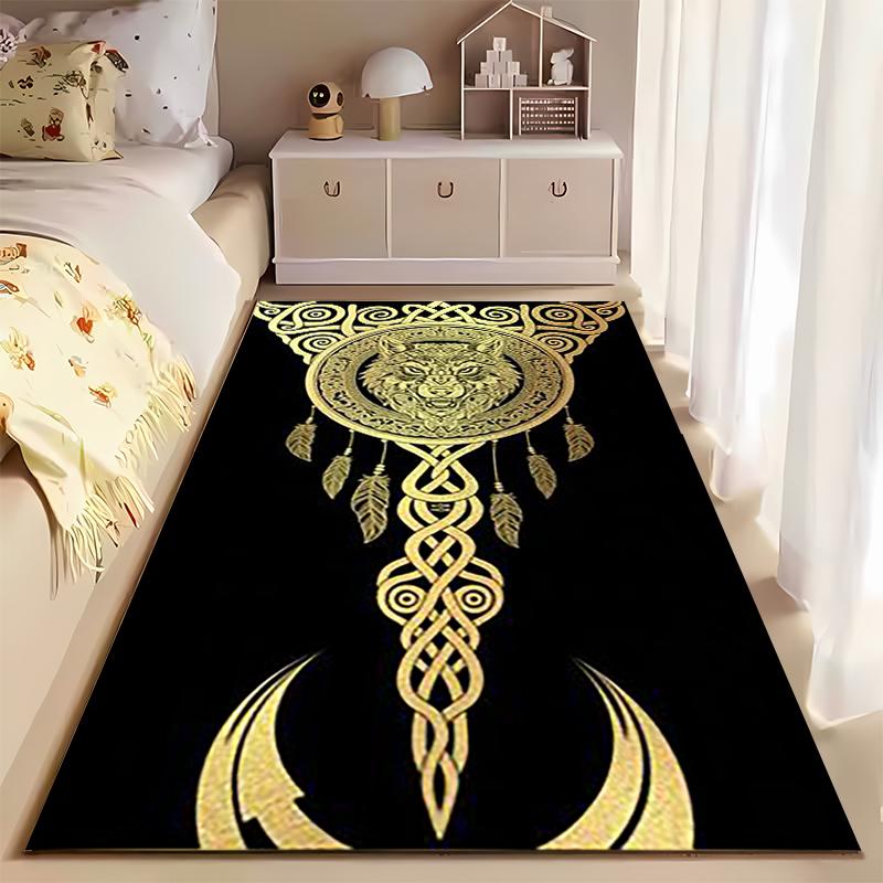 Spiritual Area Rug, Celtic Wolf Dreamcatcher Gold Moon Poster, Living Room Decor, Non-Slip Mat
