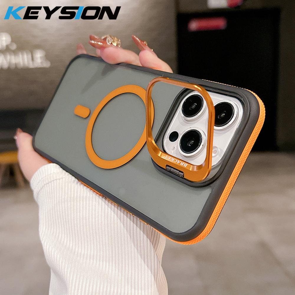 KEYSION Transparent Magnetic Lens Stand Case for MagSafe for iPhone 14 15 16 Pro Max 16 Plus Color Blocking Shockproof Phone Cover