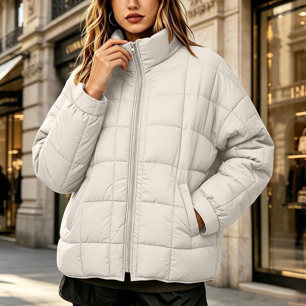 Women's Casual Stand Collar Zip-Up Padded Jacket Quilted Coat for Fall and Winter