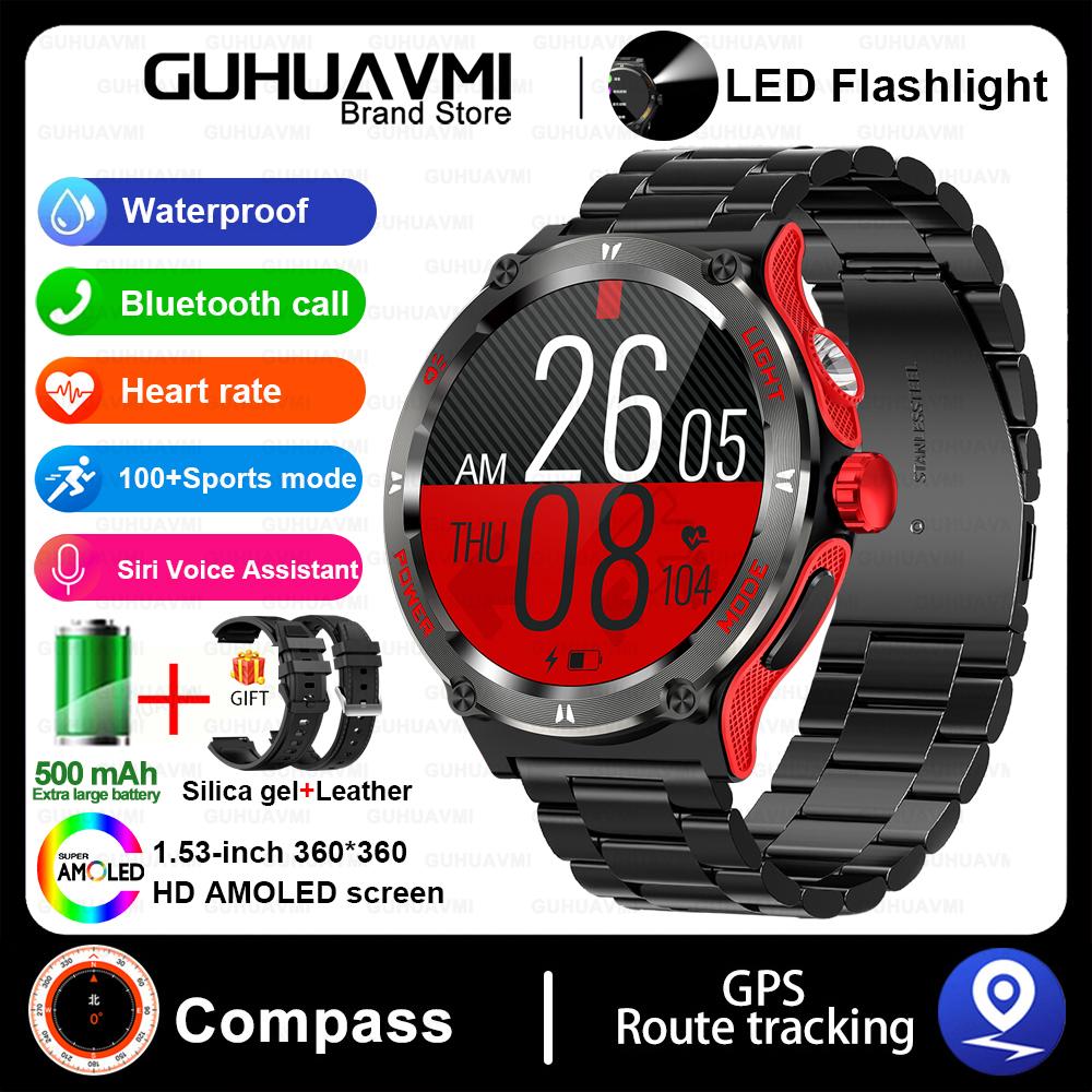 Outdoor Military Smart Watch Men LED Strong Light AMOLED Screen Heart Rate Compass Bluetooth Call 3ATM Waterproof Smartwatch