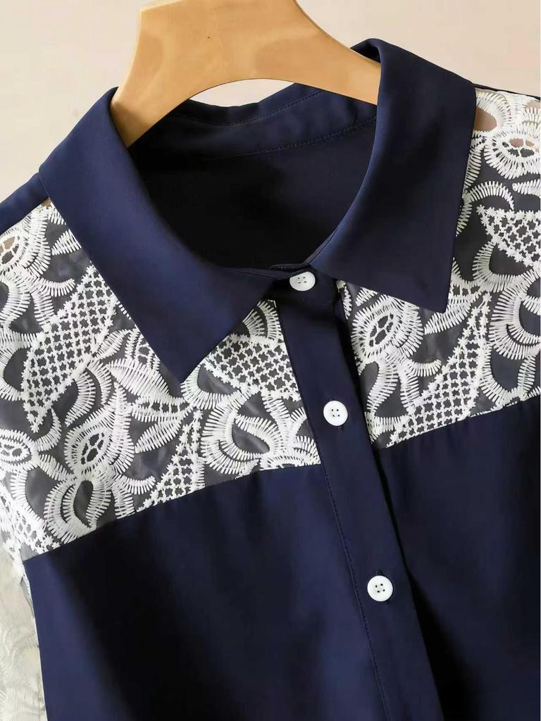 2025 Plus Size Lace Patchwork Two-Piece: Long Sleeve Shirt & Wide-Leg Pants Set