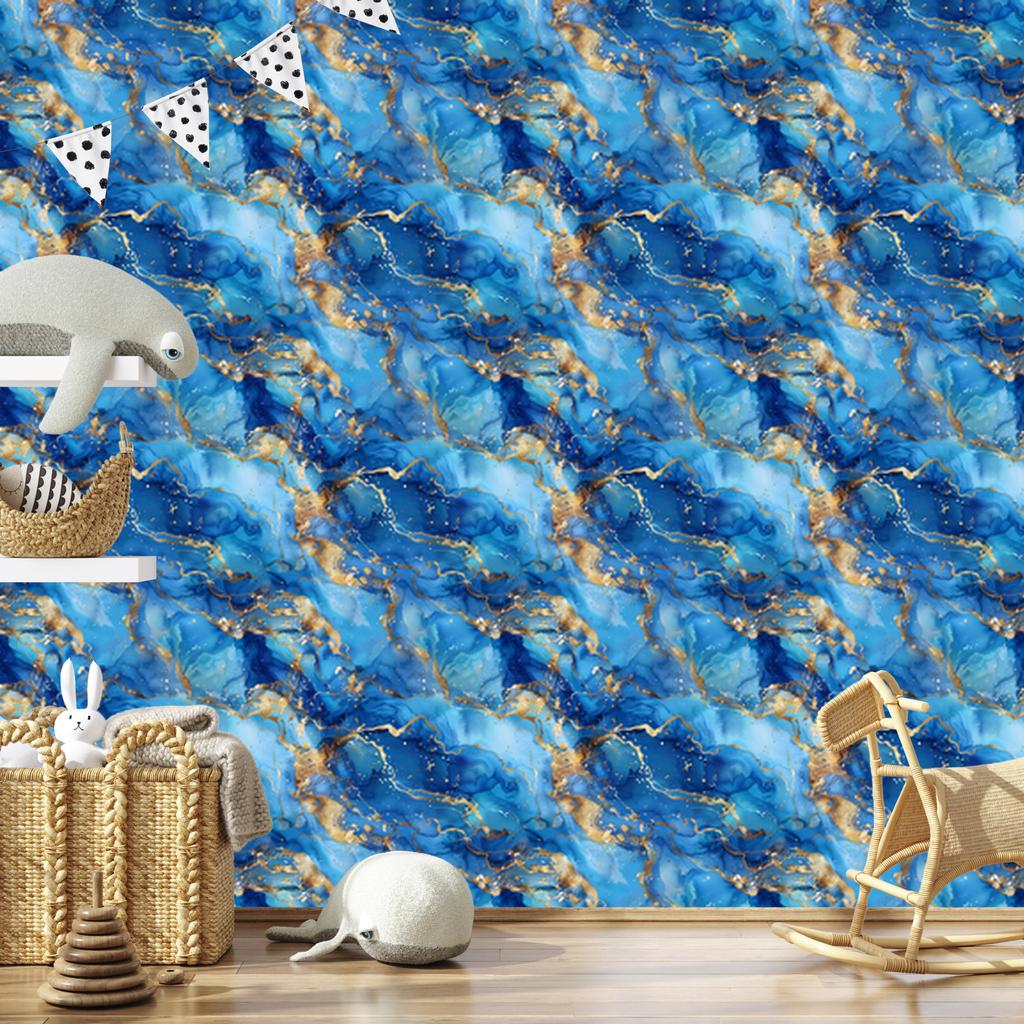 Ink blue, azure, turquoise and beige wallpaper for living room and bedroom 50x1000