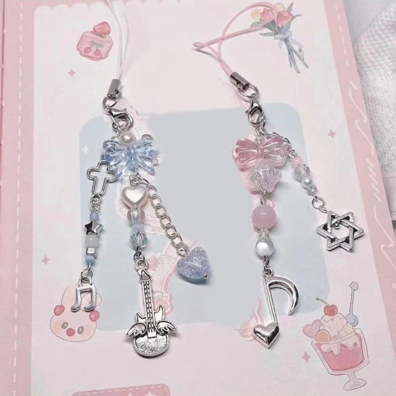 Handmade Bowknot Phone Chain Heart Pendant Keychain Rose Flower Charm Phone Lanyard Straps Acrylic Keyring Bag Ornament