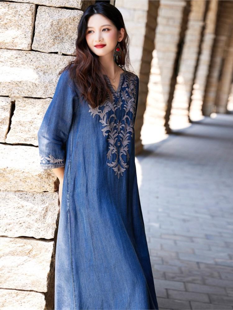 

Johnature вышивка ретро v-образным вырезом джинсовое платье женская мода винтажное свободное повседневное платье в китайском стиле