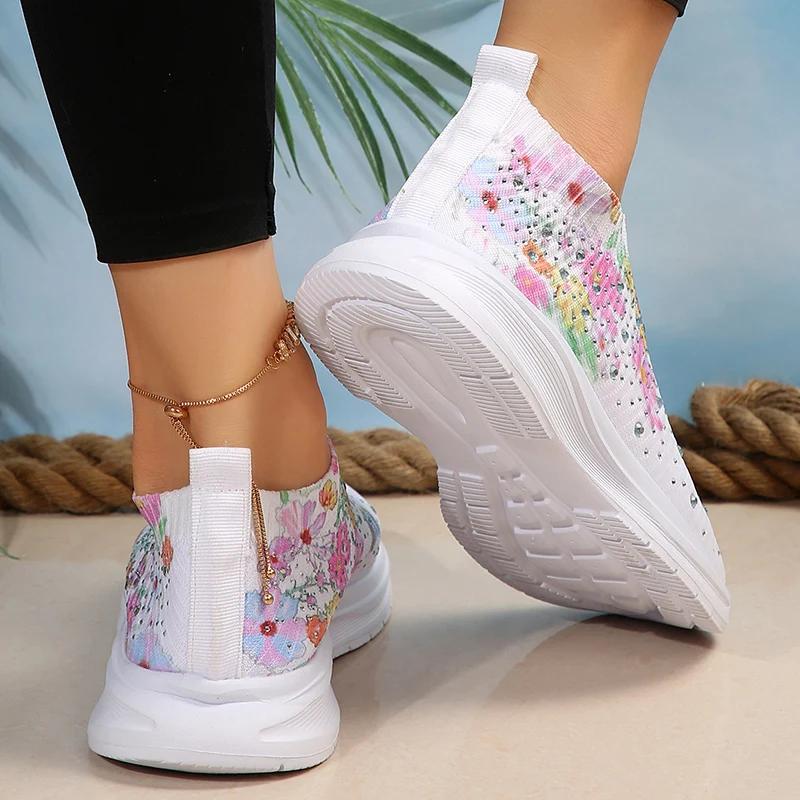 Fashion Rhinestone Decor Knitted Sneakers Women Fashion Floral Butterfly Print Casual Shoes Woman Summer Breathable Mesh Running Shoes