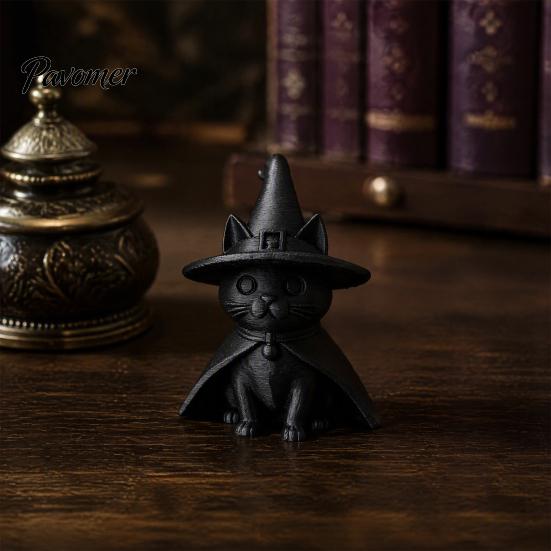 Dark Cute Halloween Table Decor Gothic Witch Hat Black Cat Figurine, 3D Printed Wizard Cloak Kitten Collectible Figure for Shelves Statue, Spooky