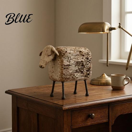 Modern Rustic Home Decor Distressed Imitation Wood Grain Sheep Figurine Resin Farmhouse Animal Statue for Shelf Tabletop Decor Retro Country