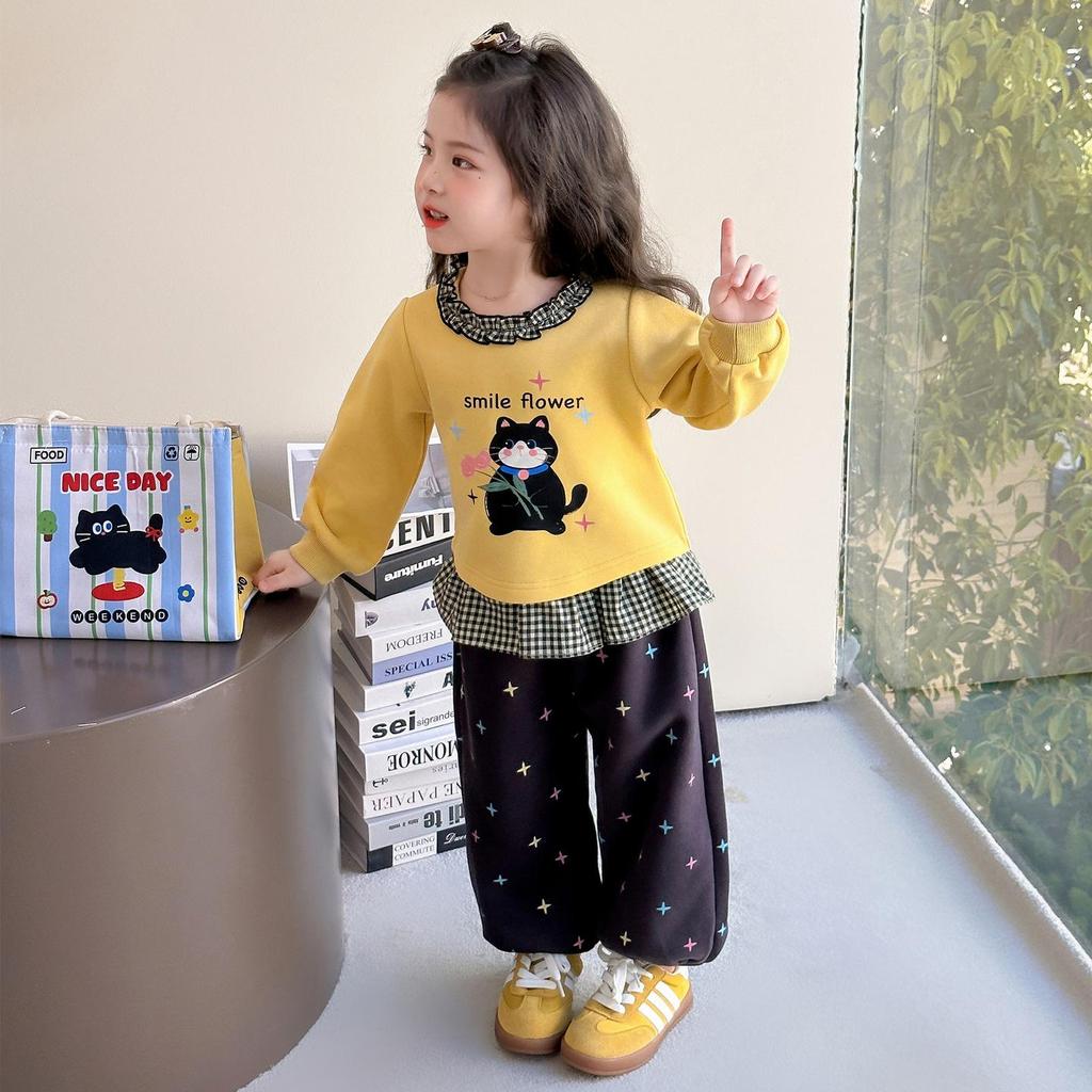 Spring 2025 Girls' Cartoon Sweatshirt & Pants Set - Casual Two-Piece for Baby Girls